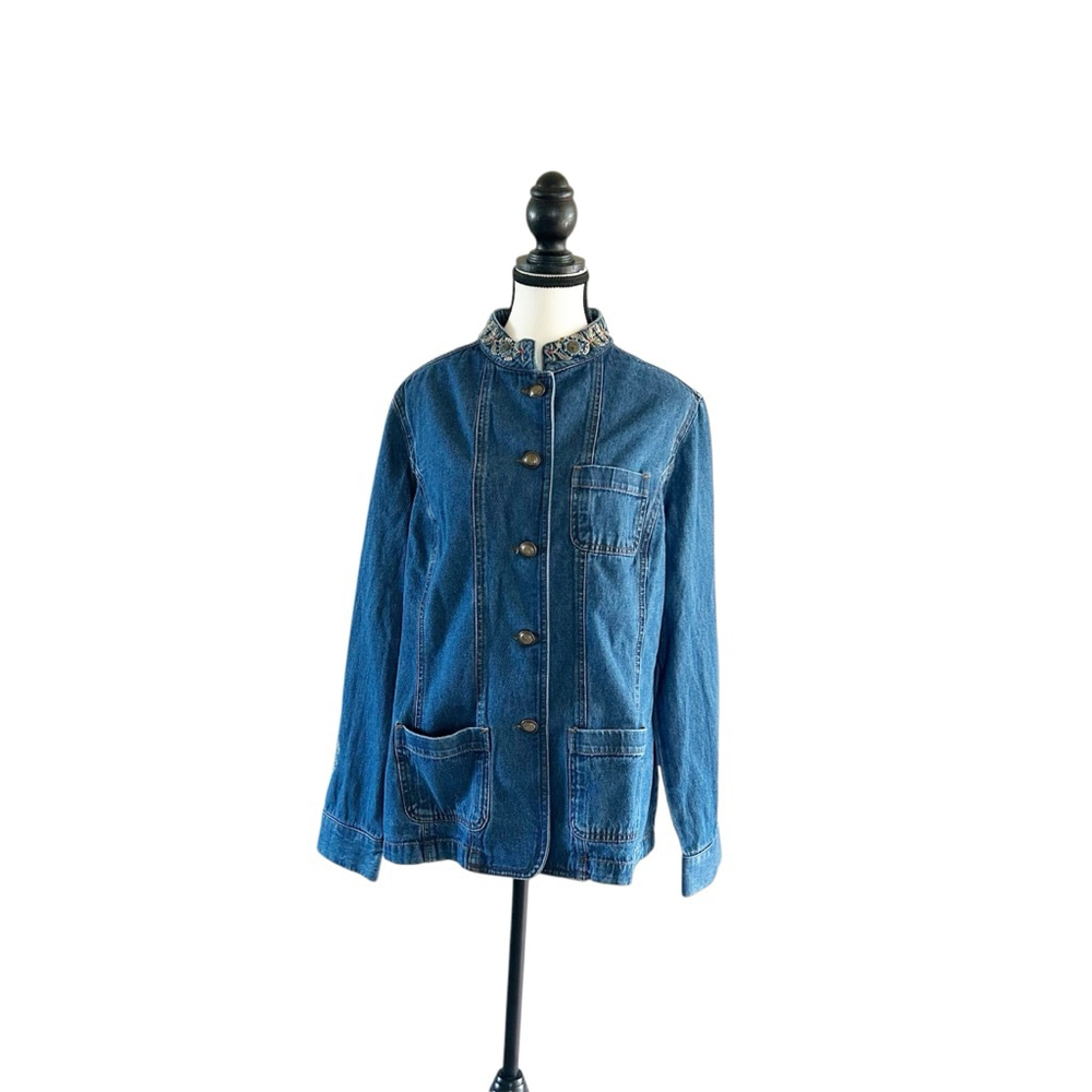 Vintage 90’s TanJay Denim Jacket w/ Embroidered Collar & Sleeve Sequins Cotton